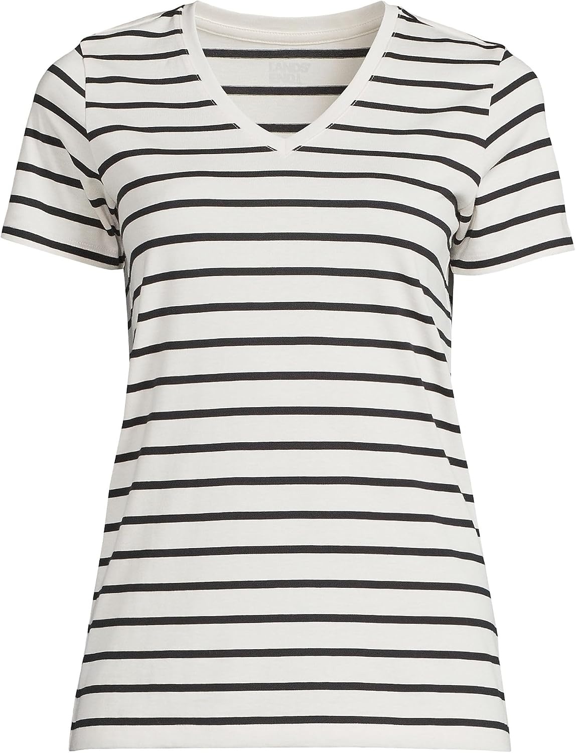image:imageLands End Womens Supima VNeck TShirt  AmericanGrown Supima Cotton Relaxed Fit Straight Hem Tagless Layering Petite and Plus SizesIvoryBlack Breton Stripe