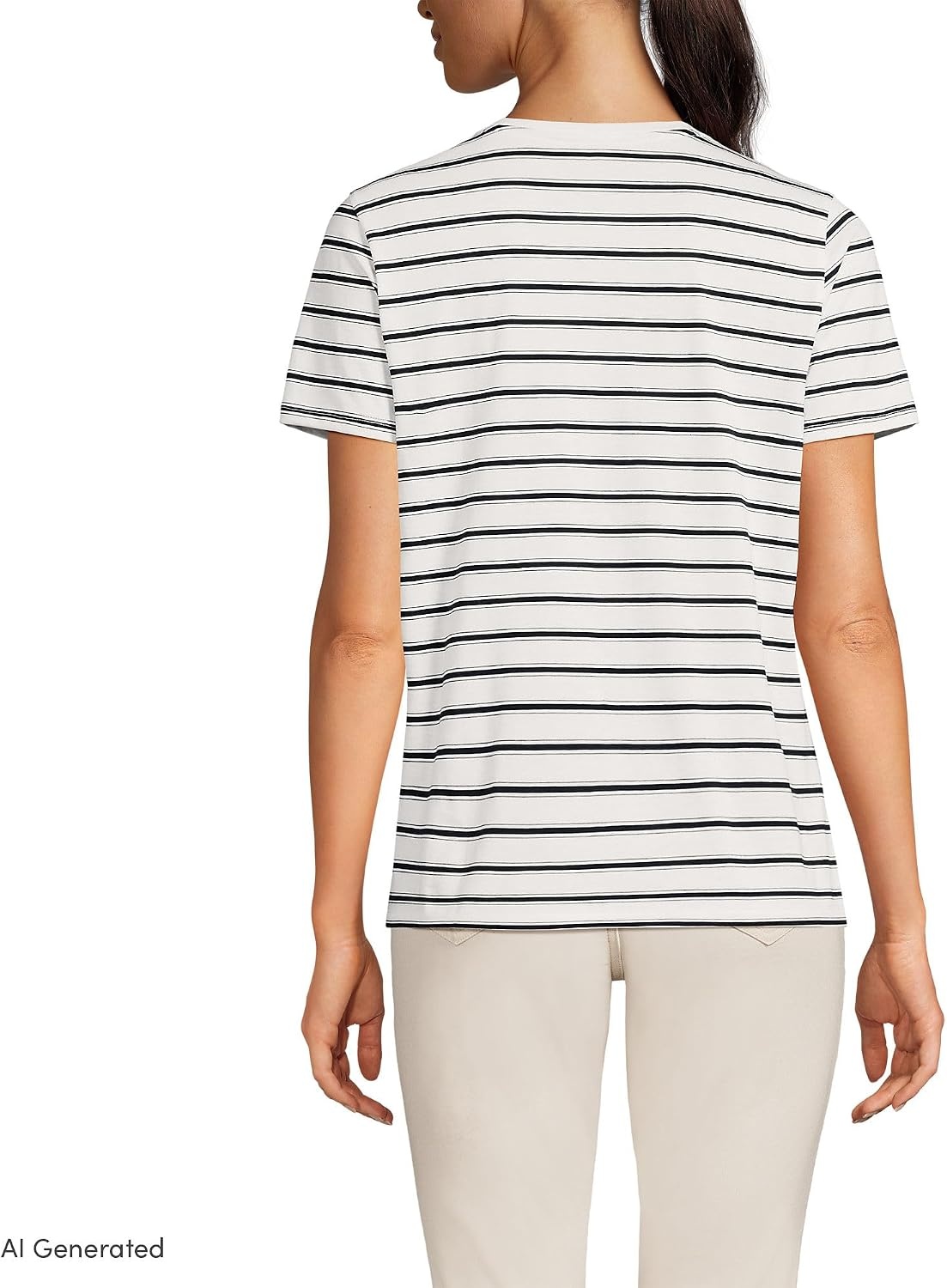 image:imageLands End Womens Supima VNeck TShirt  AmericanGrown Supima Cotton Relaxed Fit Straight Hem Tagless Layering Petite and Plus SizesIvoryBlack Rail Stripe