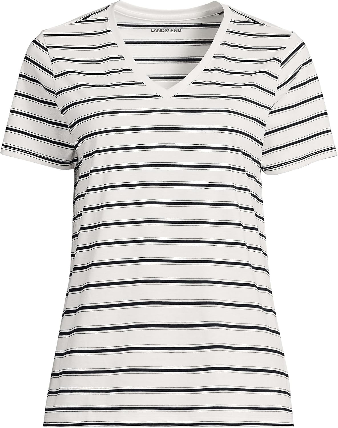 image:imageLands End Womens Supima VNeck TShirt  AmericanGrown Supima Cotton Relaxed Fit Straight Hem Tagless Layering Petite and Plus SizesIvoryBlack Rail Stripe