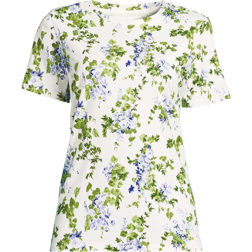image:imageLands End Womens Supima Crew Neck TShirt  AmericanGrown Supima Cotton Relaxed Fit Tagless MidHip Length Layering Petite and Plus SizesIvoryBlue Blooms