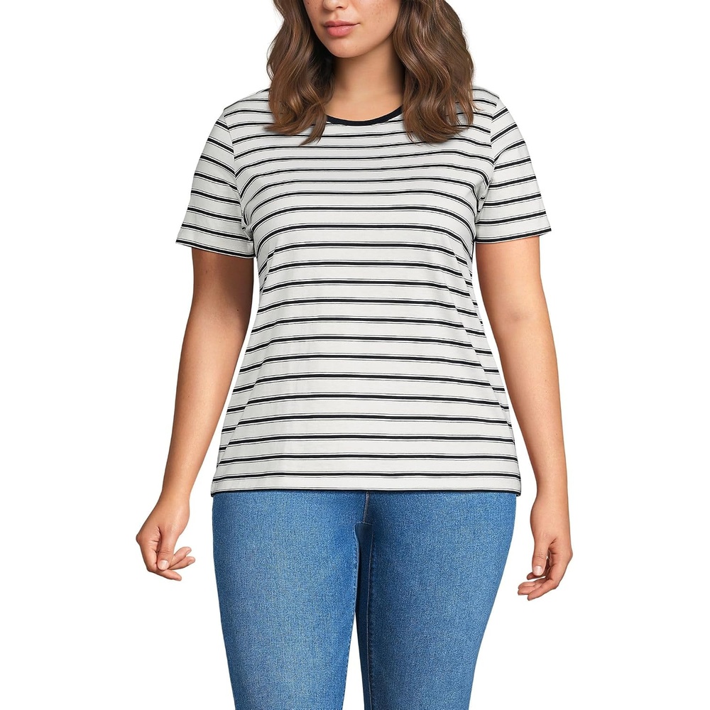 image:imageLands End Womens Supima Crew Neck TShirt  AmericanGrown Supima Cotton Relaxed Fit Tagless MidHip Length Layering Petite and Plus SizesIvoryRadiant Navy Rail Stripe