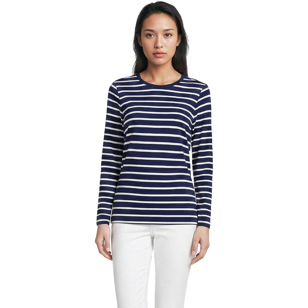 image:imageLands End Womens Supima Long Sleeve Crew Tee  AmericanGrown Supima Cotton Relaxed Fit Tagless MidHip Length Layering Petite and Plus SizesDeep SeaIvory Breton Stripe