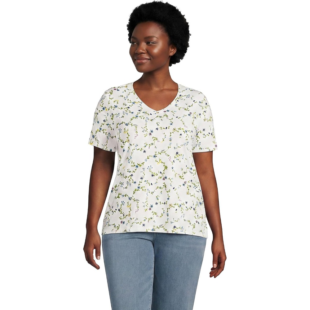 image:imageLands End Womens Supima VNeck TShirt  AmericanGrown Supima Cotton Relaxed Fit Straight Hem Tagless Layering Petite and Plus SizesIvory Multi Floral Vine