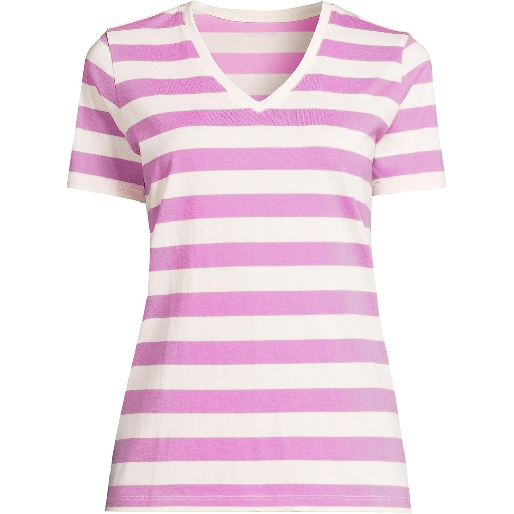 image:imageLands End Womens Supima VNeck TShirt  AmericanGrown Supima Cotton Relaxed Fit Straight Hem Tagless Layering Petite and Plus SizesIvoryAster Pink Bold Stripe