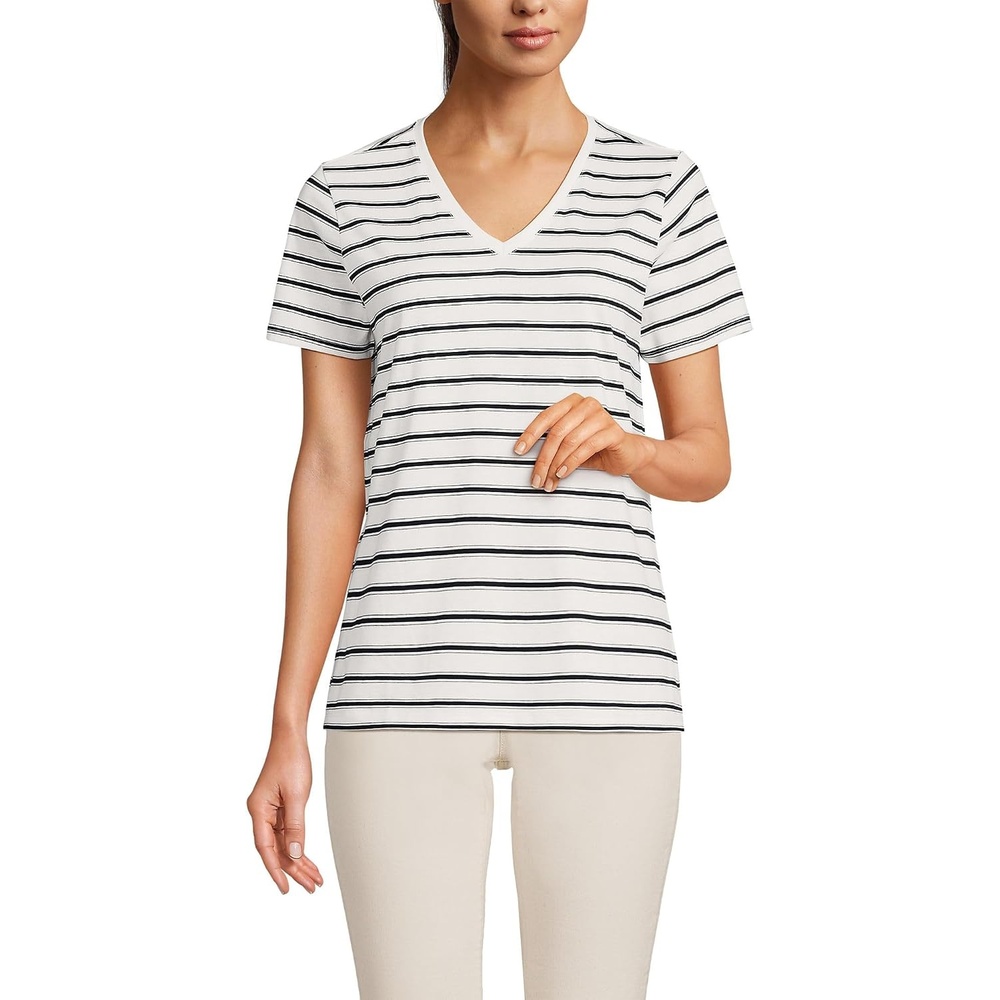 image:imageLands End Womens Supima VNeck TShirt  AmericanGrown Supima Cotton Relaxed Fit Straight Hem Tagless Layering Petite and Plus SizesIvoryBlack Rail Stripe