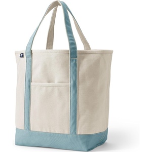 image:imageLands End Open Top Canvas Tote Bag  100 Cotton Canvas Five Pockets Key Strap WaterResistant Base Stands Upright Beach Bag Travel Tote Grocery ToteNaturalPale Teal