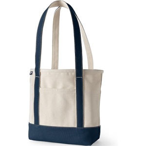 image:imageLands End Open Top Canvas Tote Bag Medium Long Handle NaturalRadiant Navy  100 Cotton Canvas Five Pockets Key Strap WaterResistant Base Stands Upright Beach Bag Travel Tote Grocery Tote