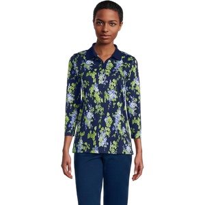 image:imageLands End Womens 34 Sleeve AmericanGrown Supima Cotton Polo ShirtDeep SeaBlue Blooms
