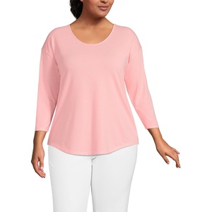 image:imageLands End Womens 34 Sleeve Lightweight Jersey UNeck TunicSunset Coral Pink Thin Stripe