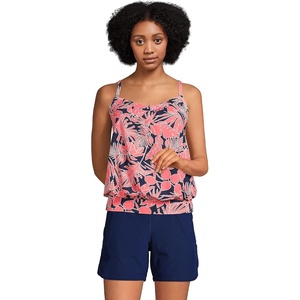 image:imageLands End Womens Blouson Tummy Hiding Tankini Top Swimsuit Adjustable StrapsWood LilyNavy Palm Foliage