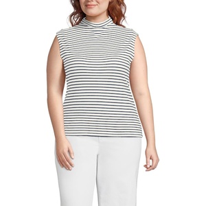 image:imageLands End Womens Cap Sleeve Drapey Rib Fitted Funnel Neck TankIvoryDeep Sea Navy Stripe