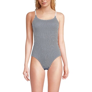 image:imageLands End Womens Chlorine Resistant Scoop Neck High Leg Tugless Tank Thin Strap One Piece Swimsuit AdjustableDeep Sea Navy Mini Stripe