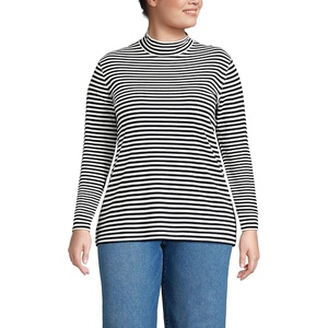 image:imageLands End Womens Cotton Mock Turtleneck  Soft Cotton Knit Rib Trim With Spandex MidHip Length Relaxed Fit Layering Petite and Plus SizesBlack Even Stripe