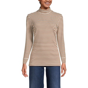 image:imageLands End Womens Cotton Mock Turtleneck  Soft Cotton Knit Rib Trim With Spandex MidHip Length Relaxed Fit Layering Petite and Plus SizesRich GingerIvory Stripe