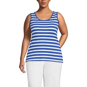 image:imageLands End Womens Cotton Tank Top  100 Cotton Interlock Wide Straps Modest Armholes Prewashed MidHip Length Layering Petite and PlusBlue Breeze Shadow Stripe