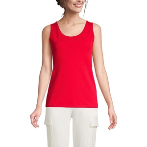 image:imageLands End Womens Cotton Tank Top  100 Cotton Interlock Wide Straps Modest Armholes Prewashed MidHip Length Layering Petite and PlusCompass Red