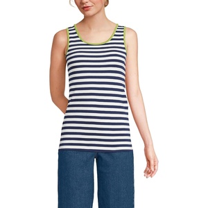 image:imageLands End Womens Cotton Tank Top  100 Cotton Interlock Wide Straps Modest Armholes Prewashed MidHip Length Layering Petite and PlusDeep Sea Navy Even Stripe
