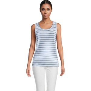 image:imageLands End Womens Cotton Tank Top  100 Cotton Interlock Wide Straps Modest Armholes Prewashed MidHip Length Layering Petite and PlusLight SeaClear Blue Stripe