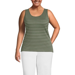 image:imageLands End Womens Cotton Tank Top  100 Cotton Interlock Wide Straps Modest Armholes Prewashed MidHip Length Layering Petite and PlusWashed MossIvory Stripes