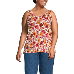 image:imageLands End Womens Cotton Tank Top  100 Cotton Interlock Wide Straps Modest Armholes Prewashed MidHip Length Layering Petite and PlusWhiteHot Pink Painted Blooms