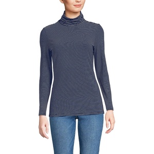 image:imageLands End Womens Jersey Knit Turtleneck  Cotton and Rayon Modal Blend Fitted SelfFabric Neck MidHip Length Layering Petite and Plus SizesDeep Sea Navy Thin Stripe