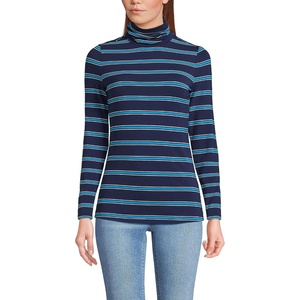 image:imageLands End Womens Jersey Knit Turtleneck  Cotton and Rayon Modal Blend Fitted SelfFabric Neck MidHip Length Layering Petite and Plus SizesDeep SeaCyan Stripe