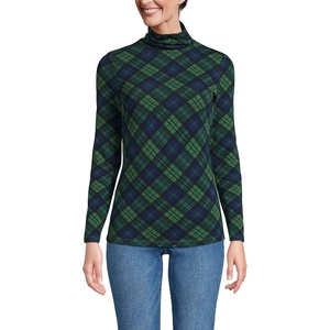 image:imageLands End Womens Jersey Knit Turtleneck  Cotton and Rayon Modal Blend Fitted SelfFabric Neck MidHip Length Layering Petite and Plus SizesLight Emerald Blackwatch Plaid