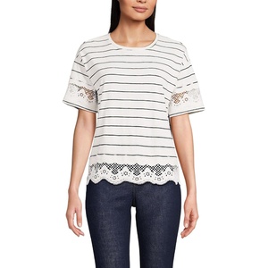 image:imageLands End Womens Short Sleeve Slub Jersey Cutwork TShirtIvoryBlack Fine Stripe