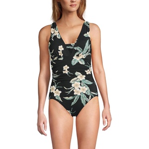 image:imageLands End Womens SlenderSuit Grecian Low Leg One Piece SwimsuitBlack Plumeria Floral