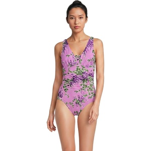 image:imageLands End Womens SlenderSuit Grecian Low Leg One Piece SwimsuitPinkWhite Blooms