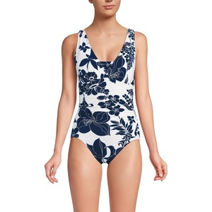 image:imageLands End Womens SlenderSuit Grecian Low Leg One Piece SwimsuitWhiteDeep Sea Navy Lilies