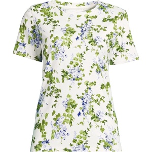 image:imageLands End Womens Supima Crew Neck TShirt  AmericanGrown Supima Cotton Relaxed Fit Tagless MidHip Length Layering Petite and Plus SizesIvoryBlue Blooms