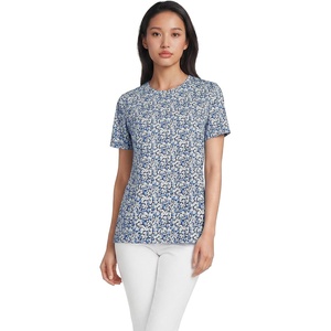 image:imageLands End Womens Supima Crew Neck TShirt  AmericanGrown Supima Cotton Relaxed Fit Tagless MidHip Length Layering Petite and Plus SizesNavyClear Blue Ditsy Floral