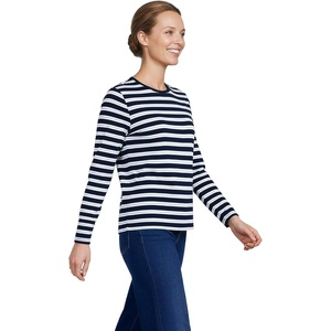 image:imageLands End Womens Supima Long Sleeve Crew Tee  AmericanGrown Supima Cotton Relaxed Fit Tagless MidHip Length Layering Petite and Plus SizesDeep SeaBlue Multi Stripe