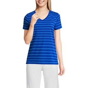image:imageLands End Womens Supima VNeck TShirt  AmericanGrown Supima Cotton Relaxed Fit Straight Hem Tagless Layering Petite and Plus SizesTrue Cobalt Blue Breton Stripe