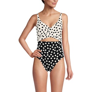 image:imageLands End Womens Wrap Monokini High Leg One Piece SwimsuitBlackEgret Mixed Tossed Dots