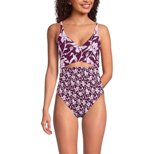 image:imageLands End Womens Wrap Monokini High Leg One Piece SwimsuitTropic FloralDark Wine Mix