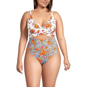 image:imageLands End Womens Wrap Monokini High Leg One Piece SwimsuitWhiteBlue Spring Floral