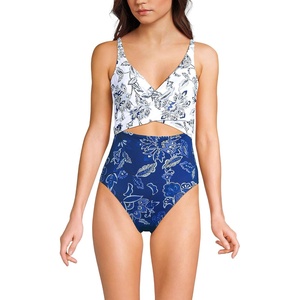 image:imageLands End Womens Wrap Monokini High Leg One Piece SwimsuitWhiteBlue Vintage Floral Mix