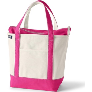 image:imageLands End Zip Top Canvas Tote Bag  100 Cotton Canvas Five Pockets Key Strap WaterResistant Base Stands Upright Beach Bag Travel Tote Grocery ToteNaturalHot Pink