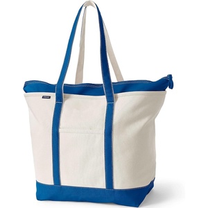 image:imageLands End Zip Top Canvas Tote Bag  100 Cotton Canvas Five Pockets Key Strap WaterResistant Base Stands Upright Beach Bag Travel Tote Grocery ToteNaturalBeacon Blue