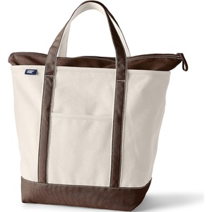 image:imageLands End Zip Top Canvas Tote Bag  100 Cotton Canvas Five Pockets Key Strap WaterResistant Base Stands Upright Beach Bag Travel Tote Grocery ToteNaturalBrown Root