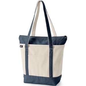 image:imageLands End Zip Top Canvas Tote Bag  100 Cotton Canvas Five Pockets Key Strap WaterResistant Base Stands Upright Beach Bag Travel Tote Grocery ToteNaturalRadiant Navy