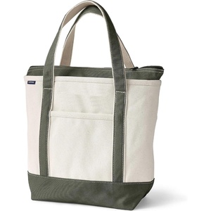 image:imageLands End Zip Top Canvas Tote Bag  100 Cotton Canvas Five Pockets Key Strap WaterResistant Base Stands Upright Beach Bag Travel Tote Grocery ToteNaturalDark Olive Green