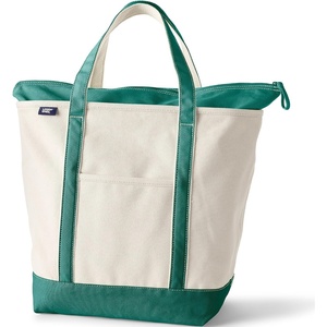image:imageLands End Zip Top Canvas Tote Bag  100 Cotton Canvas Five Pockets Key Strap WaterResistant Base Stands Upright Beach Bag Travel Tote Grocery ToteNaturalBright Spruce