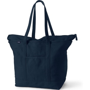 image:imageLands End Zip Top Canvas Tote Bag  100 Cotton Canvas Five Pockets Key Strap WaterResistant Base Stands Upright Beach Bag Travel Tote Grocery ToteRadiant Navy