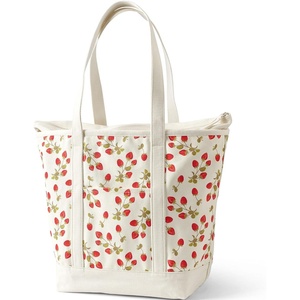 image:imageLands End Zip Top Canvas Tote Bag  100 Cotton Canvas Five Pockets Key Strap WaterResistant Base Stands Upright Beach Bag Travel Tote Grocery ToteRed StrawberryNatural