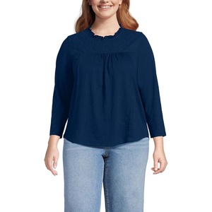image:imageWomens 34 Sleeve Cotton Slub Lace Trim TopDeep Sea Navy