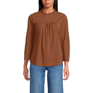 image:imageWomens 34 Sleeve Cotton Slub Lace Trim TopRich Ginger Brown
