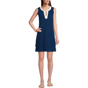 image:imageWomens Cotton Jersey Notch Neck Dress with SoutacheDeep Sea NavyWhite